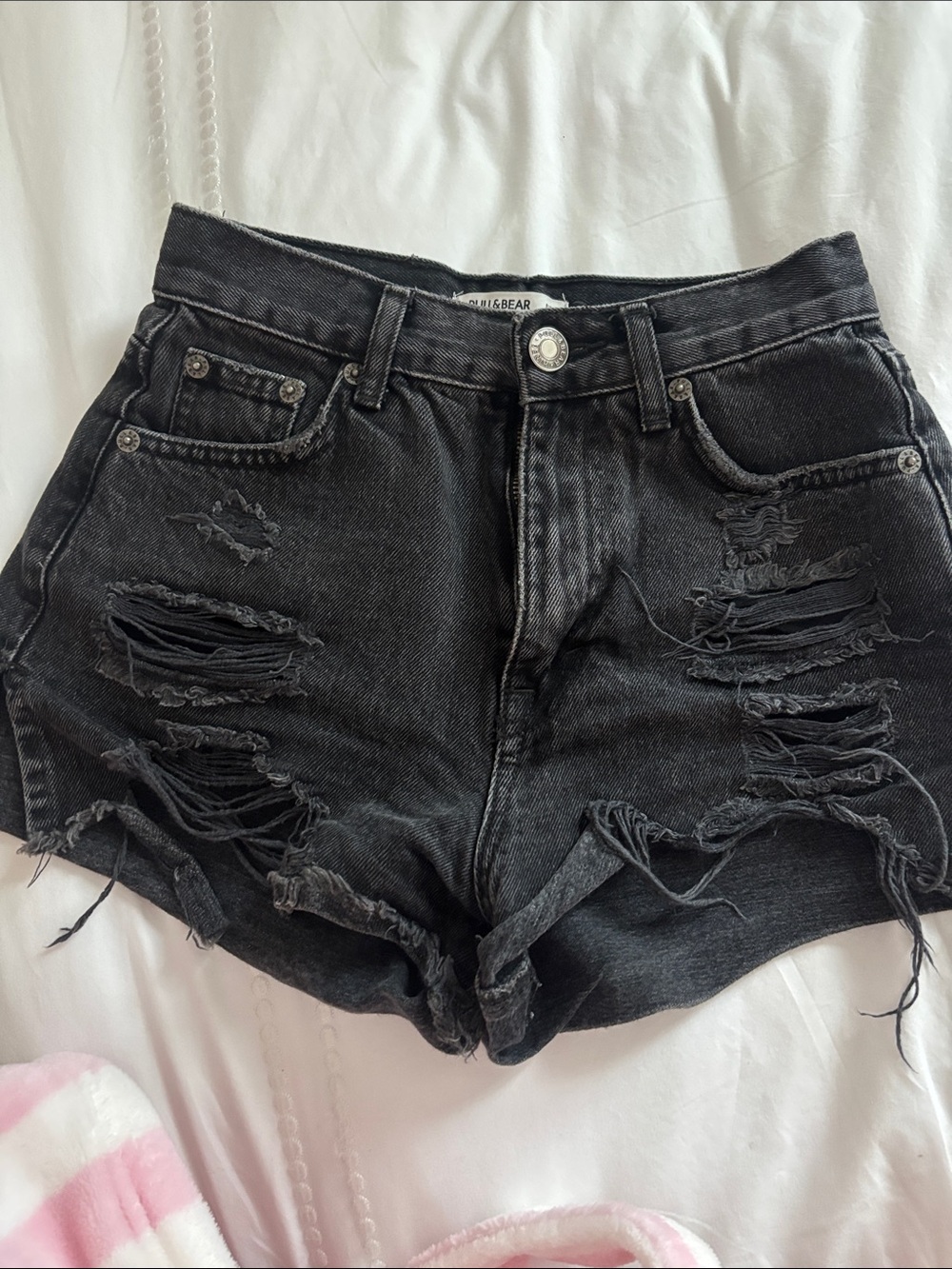 Pull&Bear Black Distressed High-Rise Denim Shorts